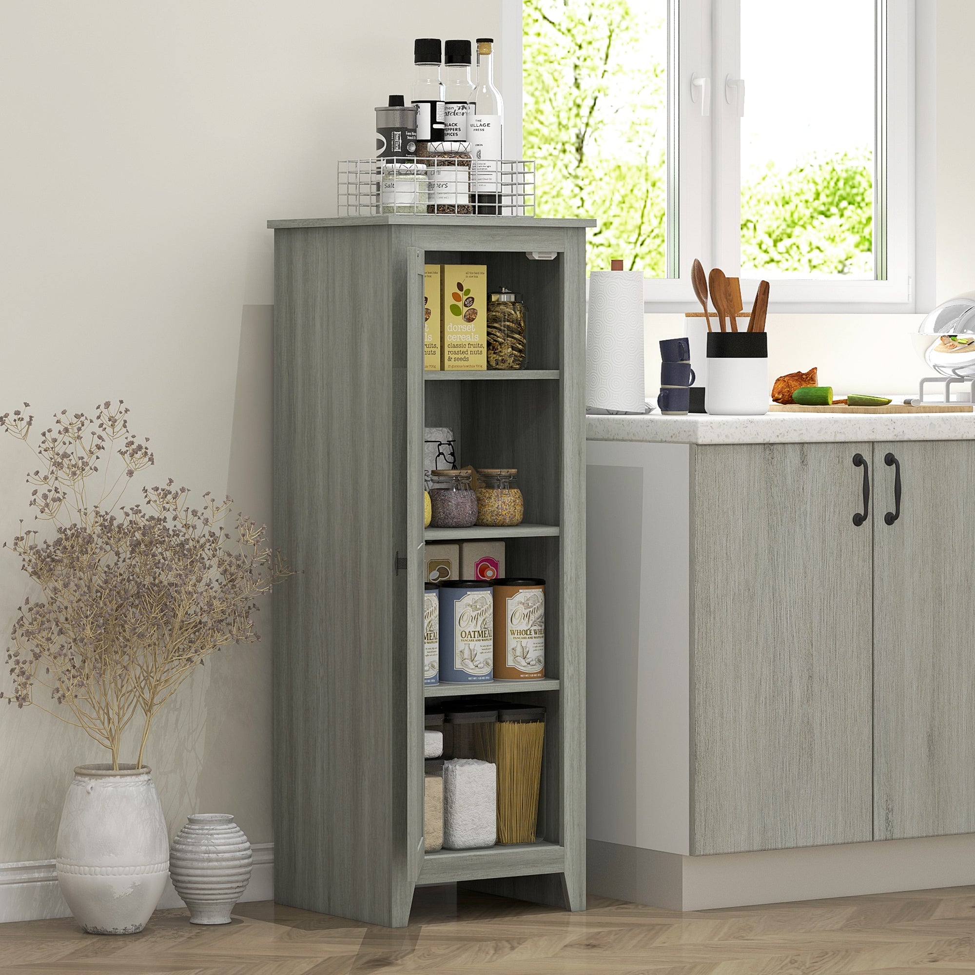 HOMCOM 48" Kitchen Pantry Storage Cabinet w/ Barn Door, Kitchen Pantry Cabinet w/ Adjustable Shelves, Grey Wood Grain 