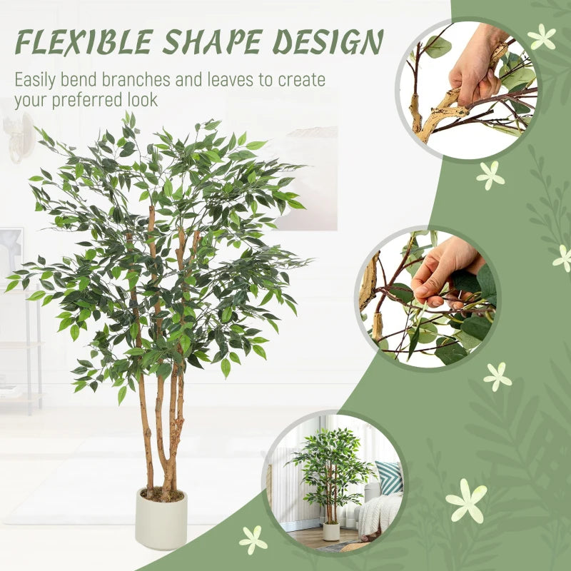 5FT Artificial Banyan Tree Set of 2, Fake Potted Tree with Solid Wood Trunk and Pot for Indoor