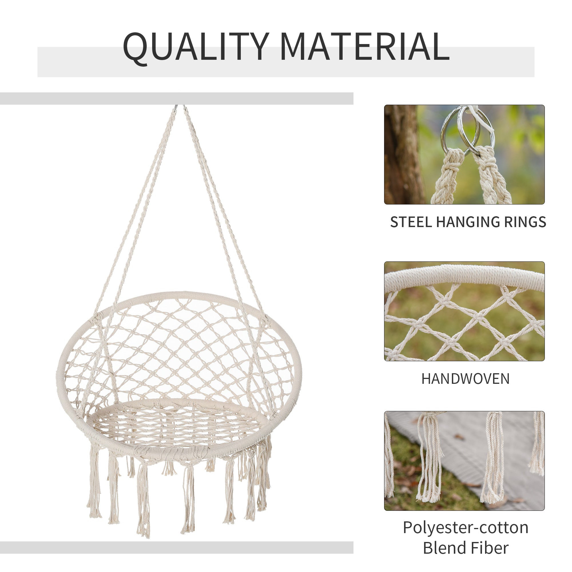 Outsunny Hammock Chair Hanging Rope Swing Indoor Outdoor Backrest Cotton Polyester Fringe Tassels Cream White 