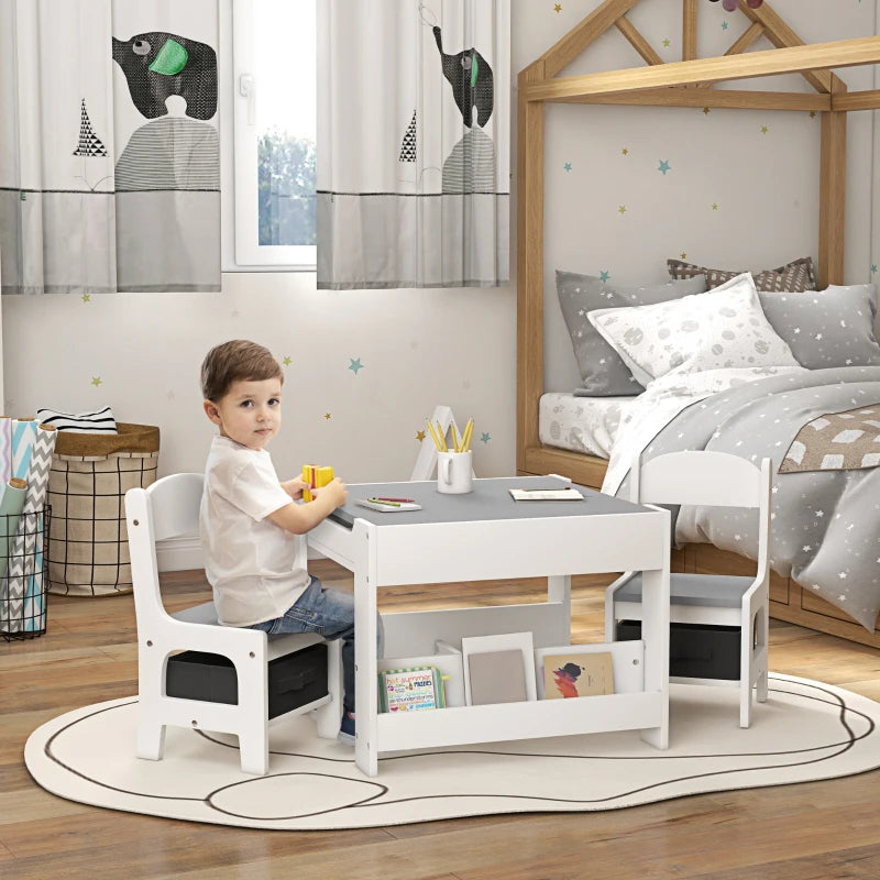 Qaba 3 Piece Kids Table and Chair Set with Reversible Tabletop, Blackboard, Storage, Bookshelf, for Playroom, Nursery, Grey
