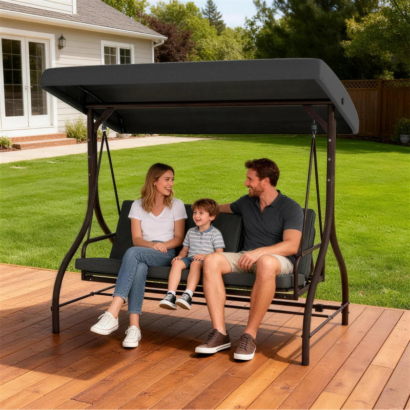 Convertible Patio Swing Bed with Canopy and Cushions, 3 Seater Porch Swing for Outdoor, Backyard, Garden, Dark Grey