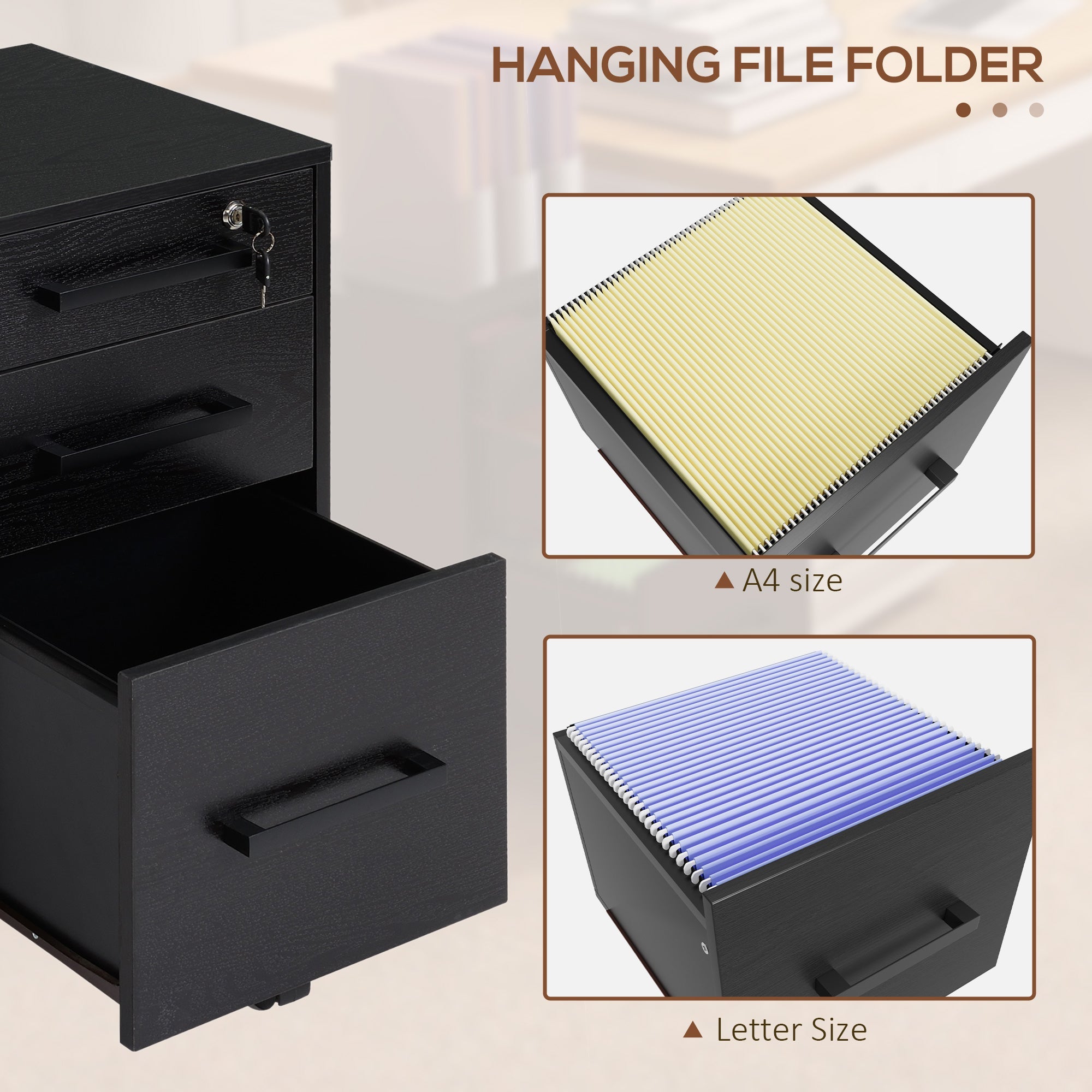 HOMCOM 3-Drawer Lockable File Cabinet Vertical Office Storage with Hanging Bars for A4 Letter Size Documents Black 