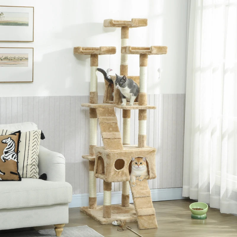 68-inch Multi-Level Cat Scratching Tree Kitty Activity Center Post Tower Condo Pet Furniture w/ Toy Light Brown