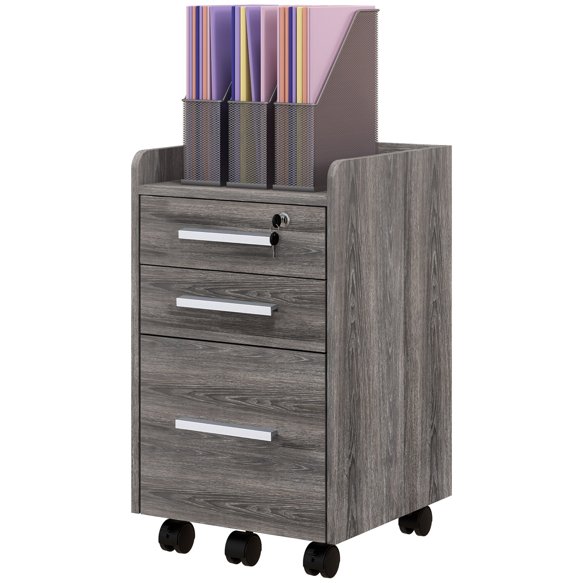 HOMCOM 3 Drawer Vertical Mobile Filing Cabinet with Lock and Wheels for A4 Letter Size Grey 