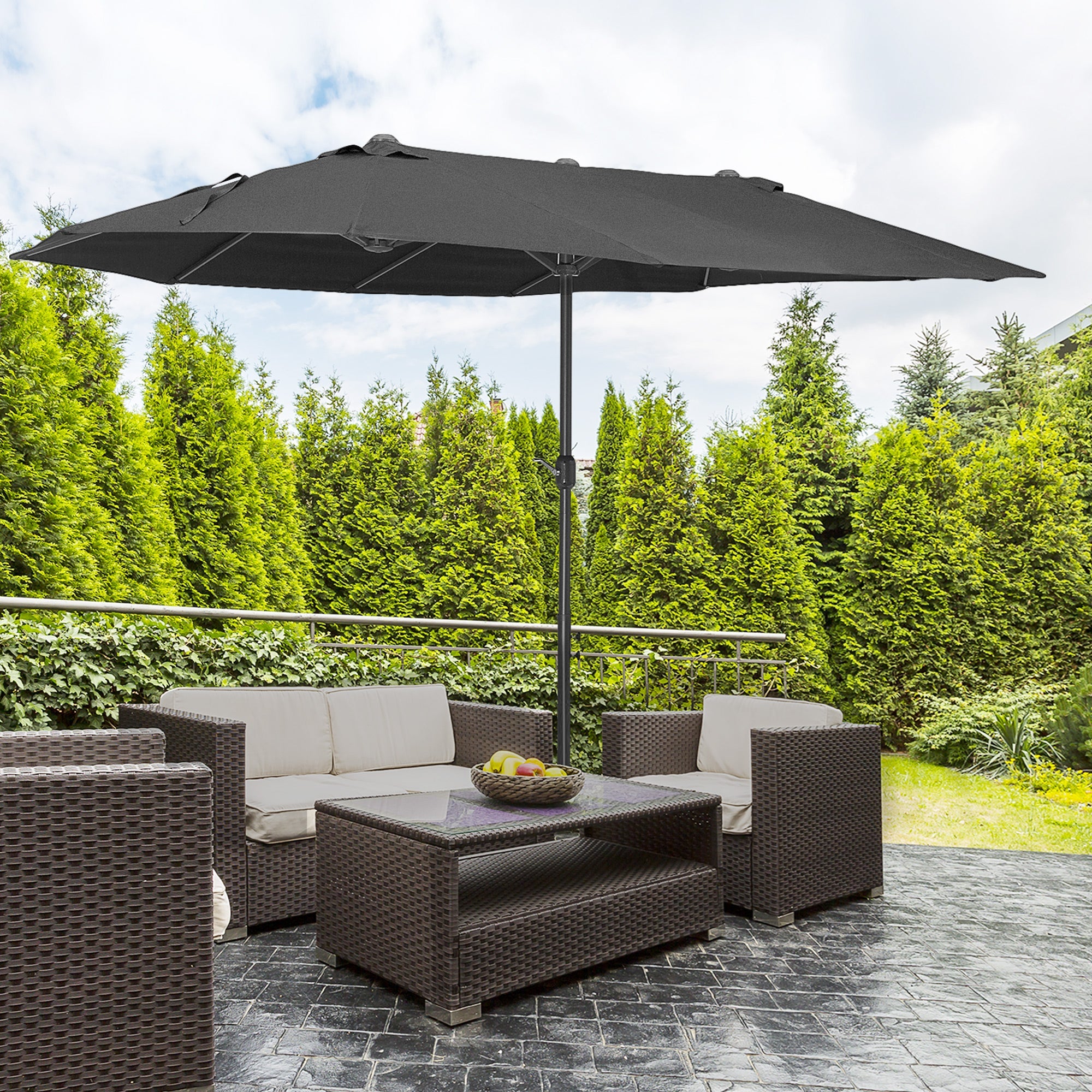 Outsunny 15ft Double-sided Outdoor Sun Umbrella with Twin Canopy, Outdoor Parasol with Crank for Pool, Deck, Black 