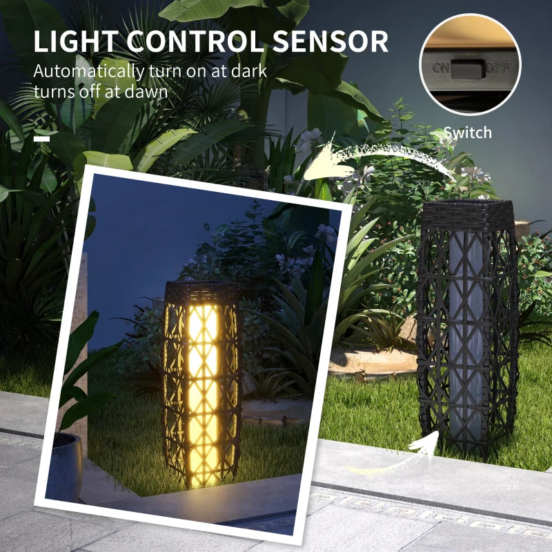 Wicker Outdoor Floor Lamp, Decorative Solar Lantern with Auto On/Off LED Lights, IP44 for Patio, Porch, Pathway, Grey