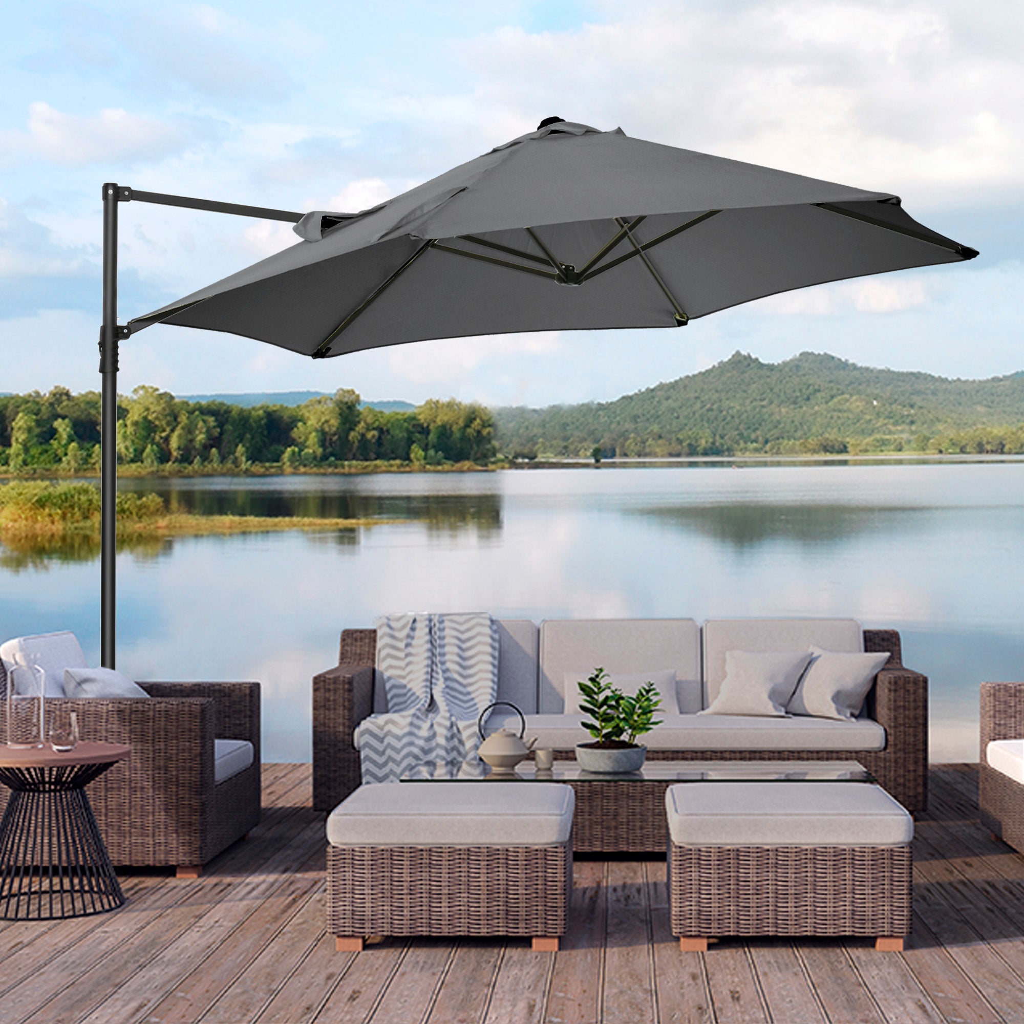 Outsunny 8.5FT Cantilever Roma Parasol Outdoor with 360° Rotation Cross Base Offset Patio Umbrella Garden Dark Grey 