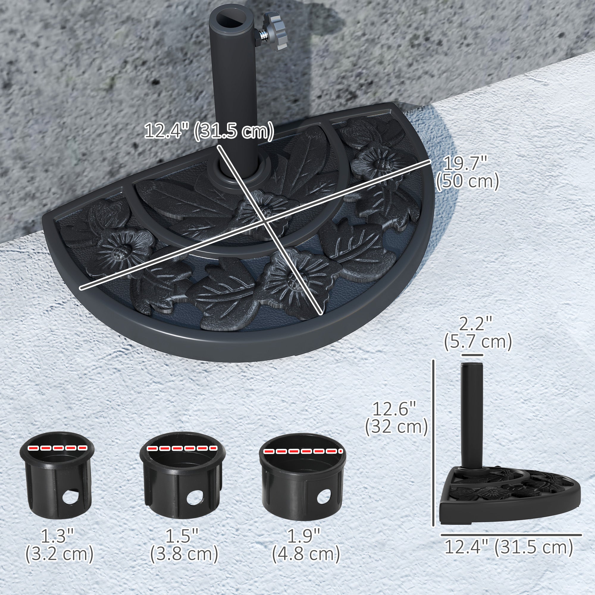 Outsunny Half Umbrella Base, 21 lbs Concrete Half Umbrella Stand Outdoor Umbrella Base with Flower-Leaf Design, Patio Umbrella Stand for Outdoor Lawn Poolside, Black 