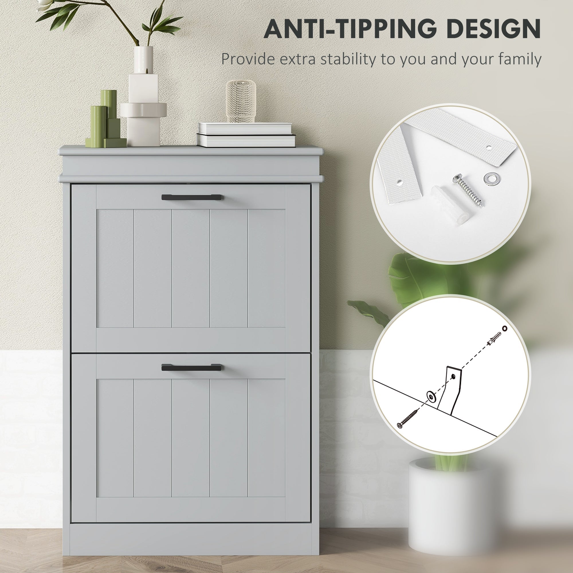 HOMCOM Shoe Storage Cabinet with 2 Flip Drawers and Adjustable Shelves, Narrow Shoe Cabinet for 10 Pairs of Shoes, Grey 