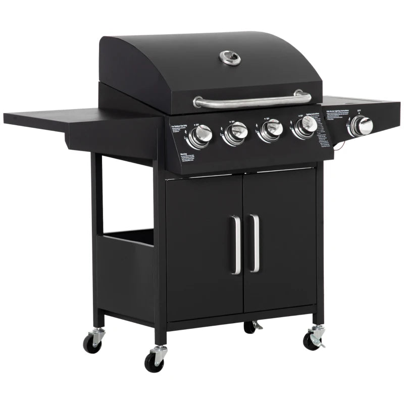 Outsunny 4+1 Burner Liquid Propane Gas Grill, Outdoor Portable BBQ Grill with Side Burner, Warming Rack, Side Shelf