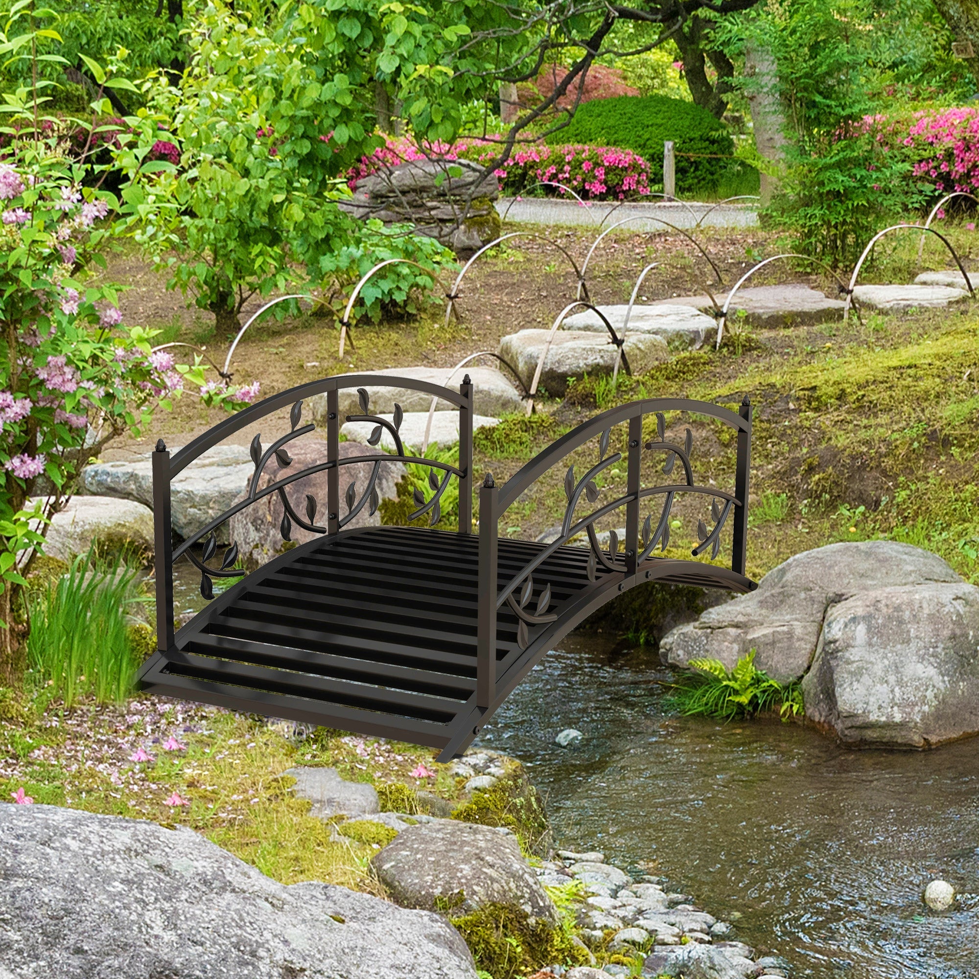 Outsunny 4' Metal Arch Garden Bridge Arc Footbridge with Guardrails and Decorative Vine Pattern, Black 
