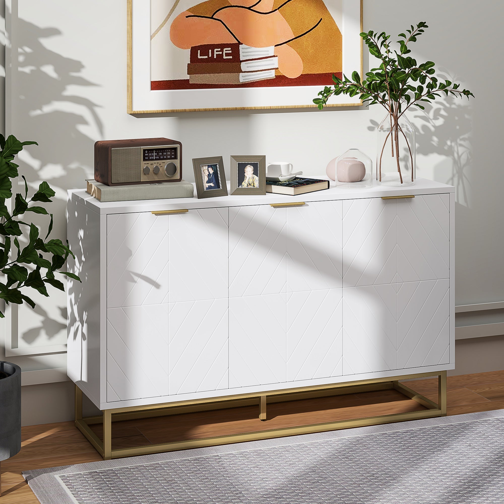 HOMCOM Sideboard Storage Cabinet with 3 Doors and Adjustable Shelves, Kitchen Buffet Cabinet for Dining Room, White 