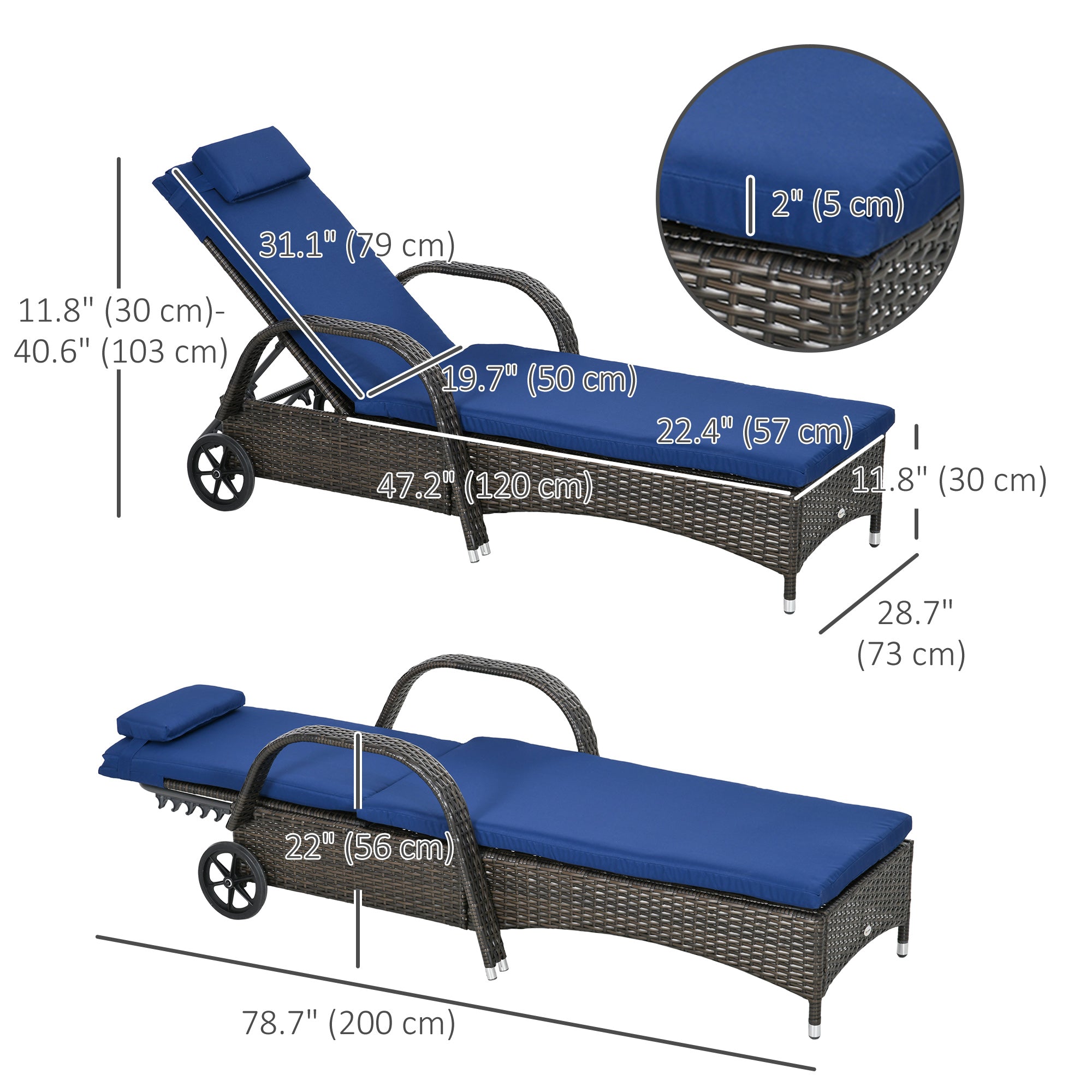 Outsunny Outdoor Lounger, Deck Lounge Chair with Headrest, 5-Level Adjustable, Backrest, Wheels, Mixed Brown and Dark Blue 