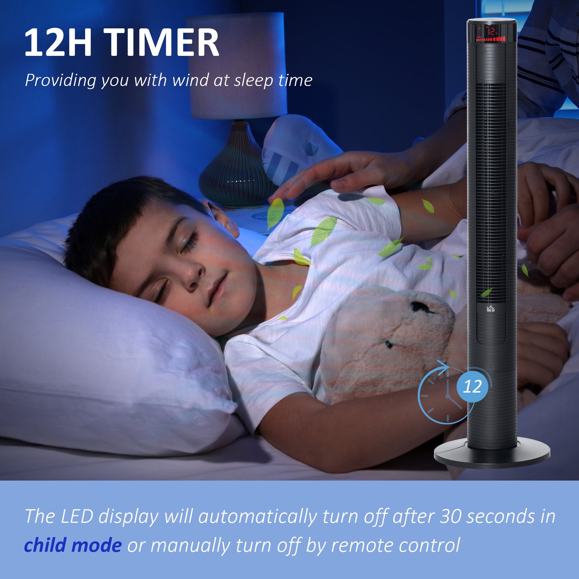 HOMCOM Tower Fan Freestanding Cooling 3 Speed Oscillating 12h Timer LED Remote Black for Home Bedroom 