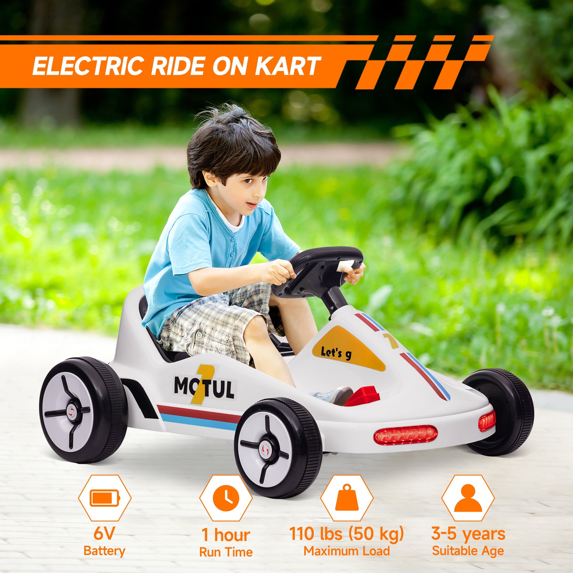 Qaba 6V Electric Go Kart for Aged 3-5 Kids with Music, Light, Horn, White 