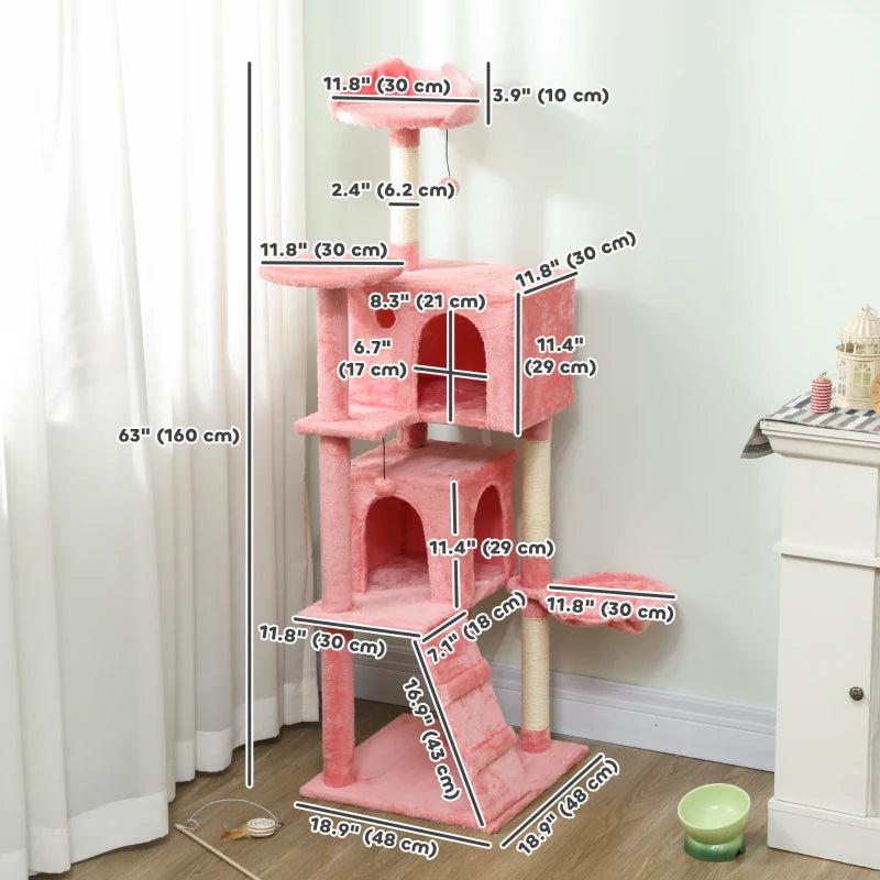 63 Inch Cat Tree with Sisal Scratching Posts, Condos, Plush Perches, Hammock, Ladder, Dangling Balls, Pink