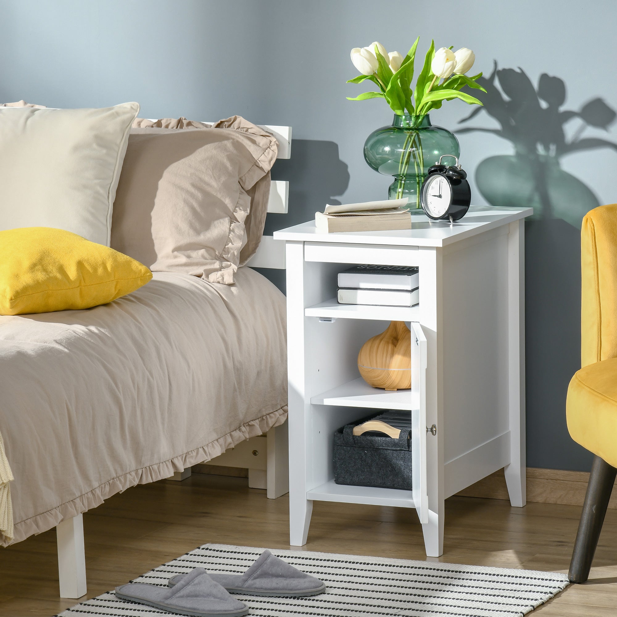 HOMCOM Chic Side Table: Accent End Table with Open Shelf and Cupboard, Sofa Side Table with Storage for Living Room, Crisp White 