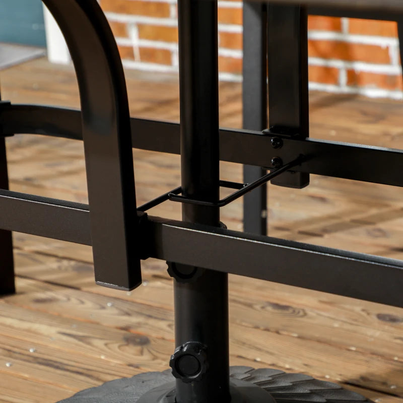 Steel Frame 59 Inch Outdoor Dining Table for Six with Parasol Hole, Wood Grain Tabletop, for Backyard, Garden, Brown