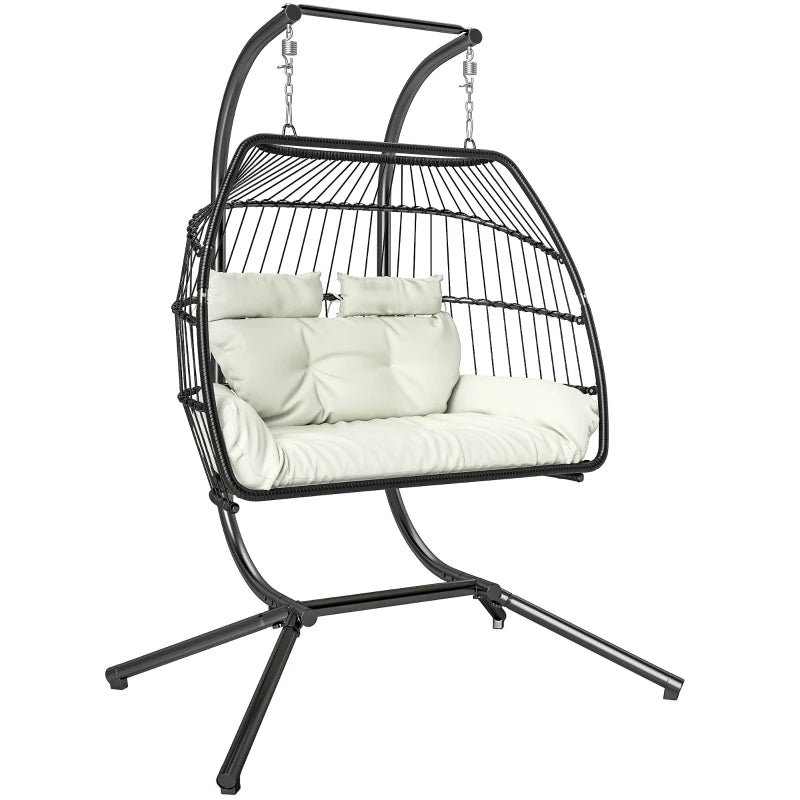 Double Wicker Egg Swing Chair with Stand, Foldable Hanging Egg Chair with UV Resistant Cushion, Headrest, Cream White