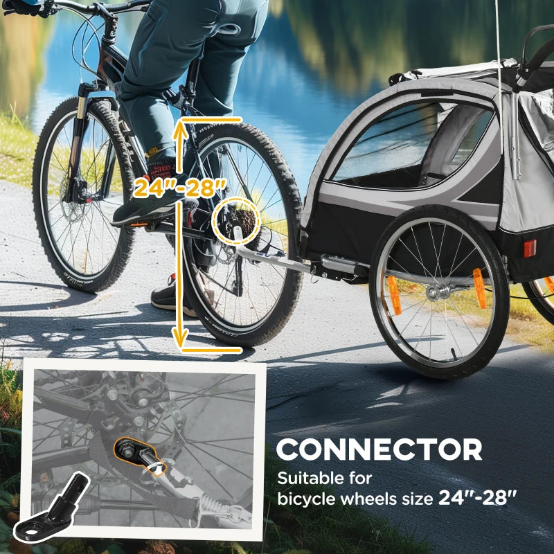 Aosom 2 Seat Bike Trailer for Kids 2-in-1 Baby Stroller with Handbrake, Rubber Wheels, 5 Point Harness, Reflectors, Grey