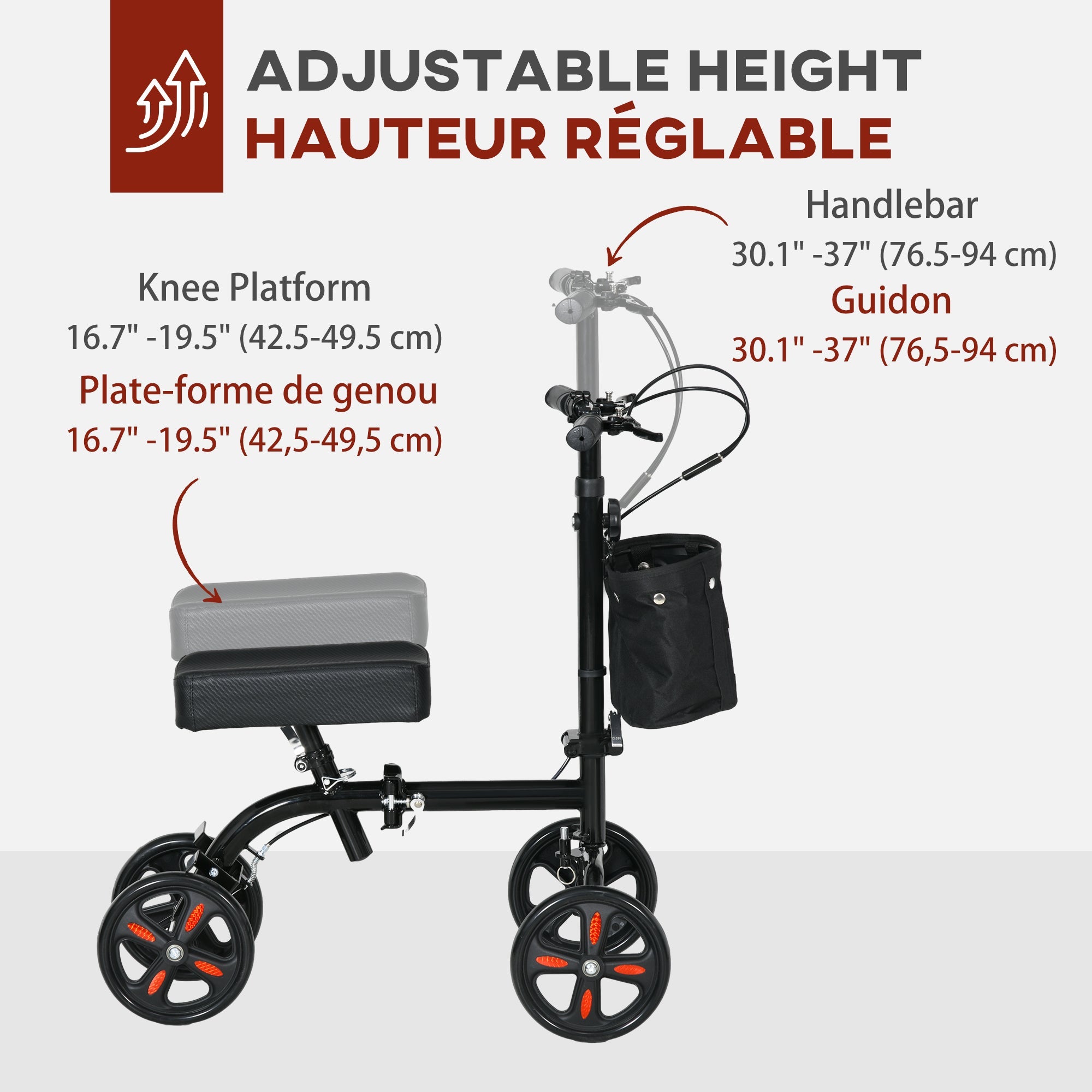 HOMCOM Steerable Knee Walker, Foldable Knee Scooter with Dual Braking System, Adjustable Height, Crutch Alternative, Black 