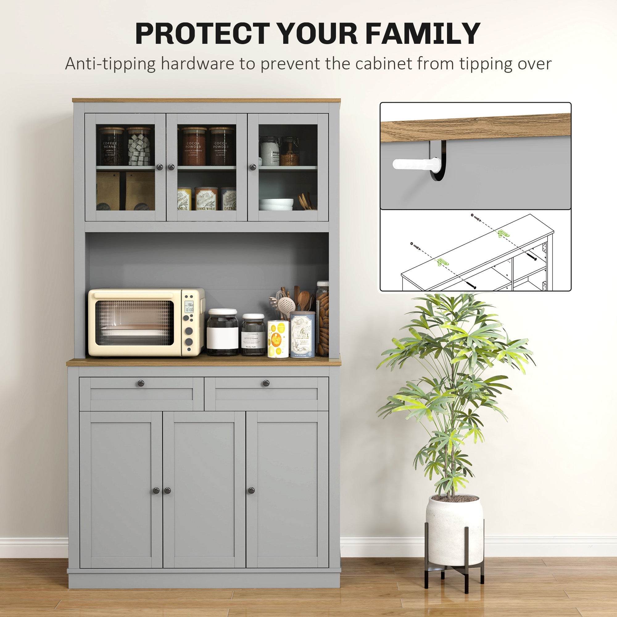 HOMCOM 71" Pantry Cabinet with Microwave Space, Buffet with Hutch, 2 Drawers, Adjustable Shelves and Glass Doors, Grey 