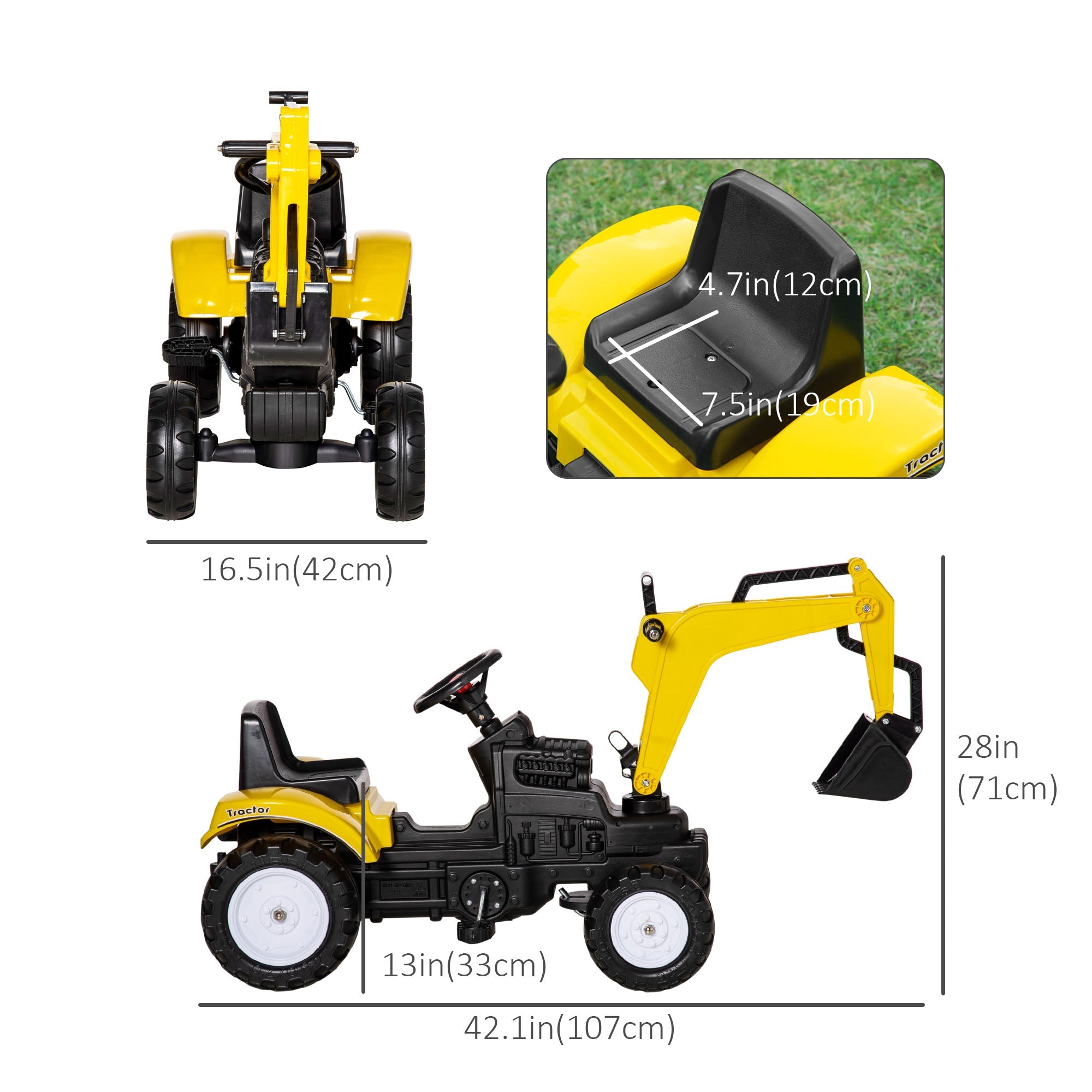 Aosom Kids Ride on Excavator, Pedal Excavator Ride on Toy, Pretend Play Ride on Tractor for Kids & Toddlers, Yellow 