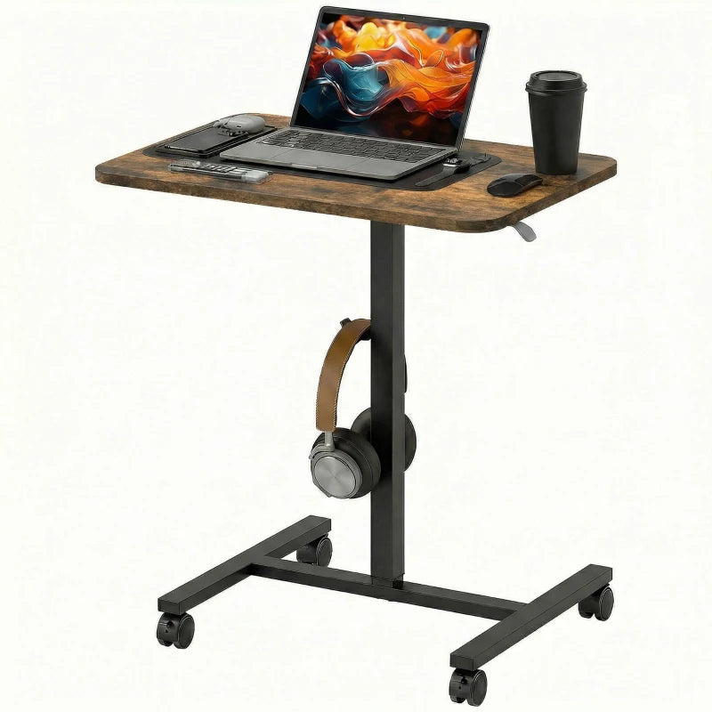 Height Adjustable Standing Desk, Pneumatic Sit Stand Desk with Wheels and Headphone Hook, Rustic Brown