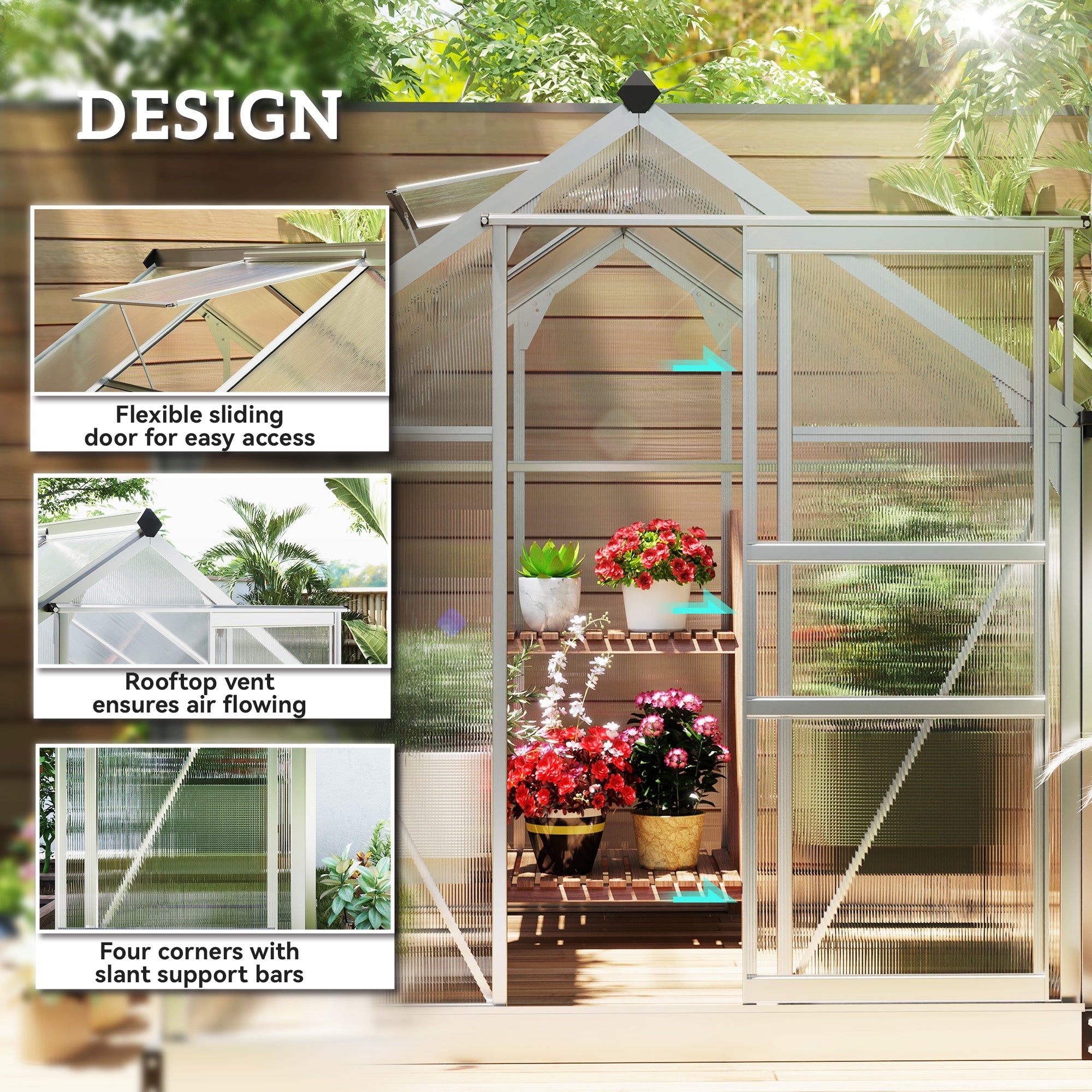 Outsunny 6' x 6' x 6.6' Polycarbonate Greenhouse, Walk-In Green House Kit Garden, Plants Grow, Galvanized Sheet Aluminum Frame with Rain Gutter, Vent and Sliding Door, Silver 