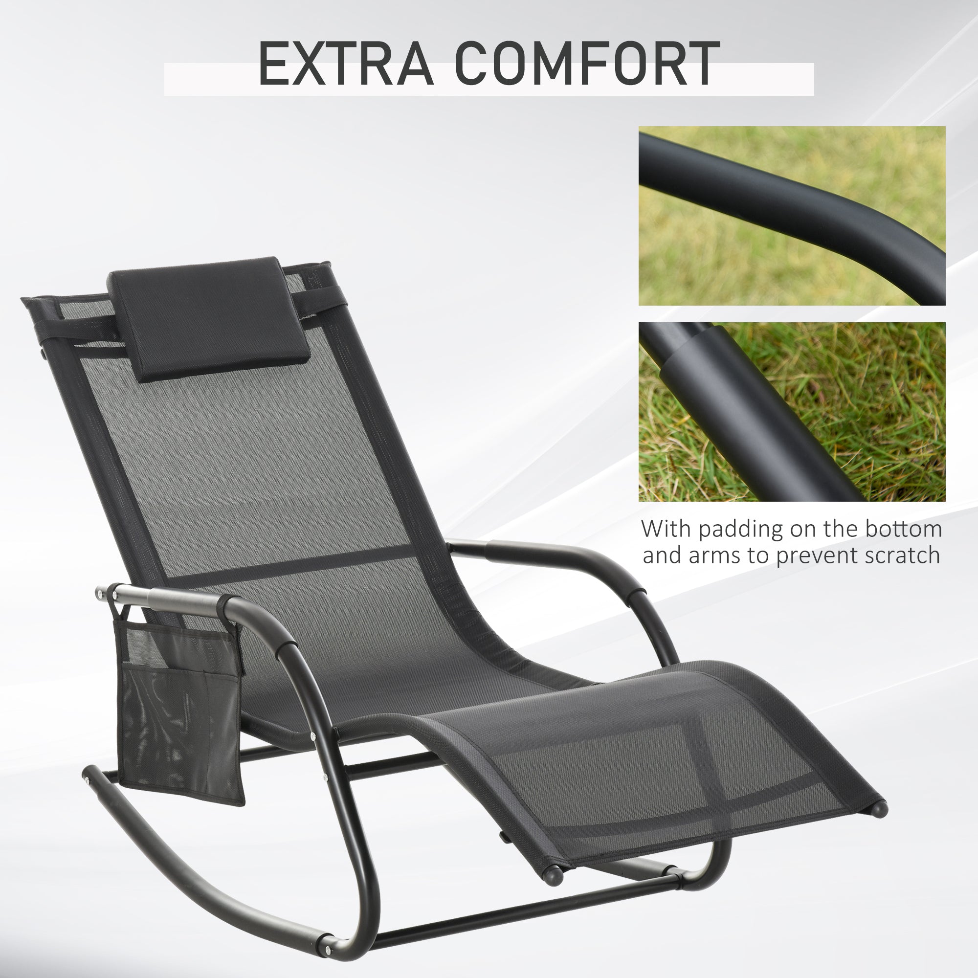 Outsunny Outdoor Rocking Recliner Sling Sun Lounger with Removable Headrest and Side Pocket for Garden Patio Deck Black 