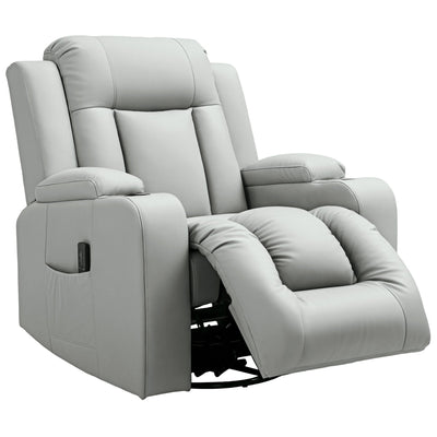 HOMCOM Recliner Chair with 8 Vibration, Overstuffed PU Leather Reclining Chair with Wide Seat, Cup Holders, Rocking, Light Grey 