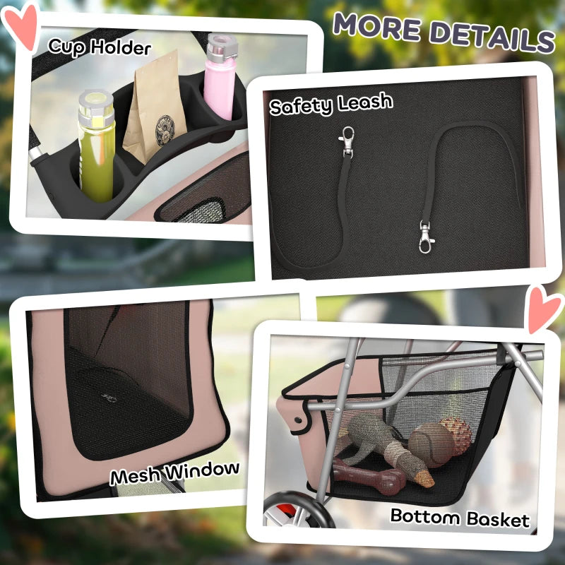 Pet Stroller for Dogs & Cats, Foldable Dog Stroller with Wheels, Reflective Strips, Brake, Pad and Basket, Coffee
