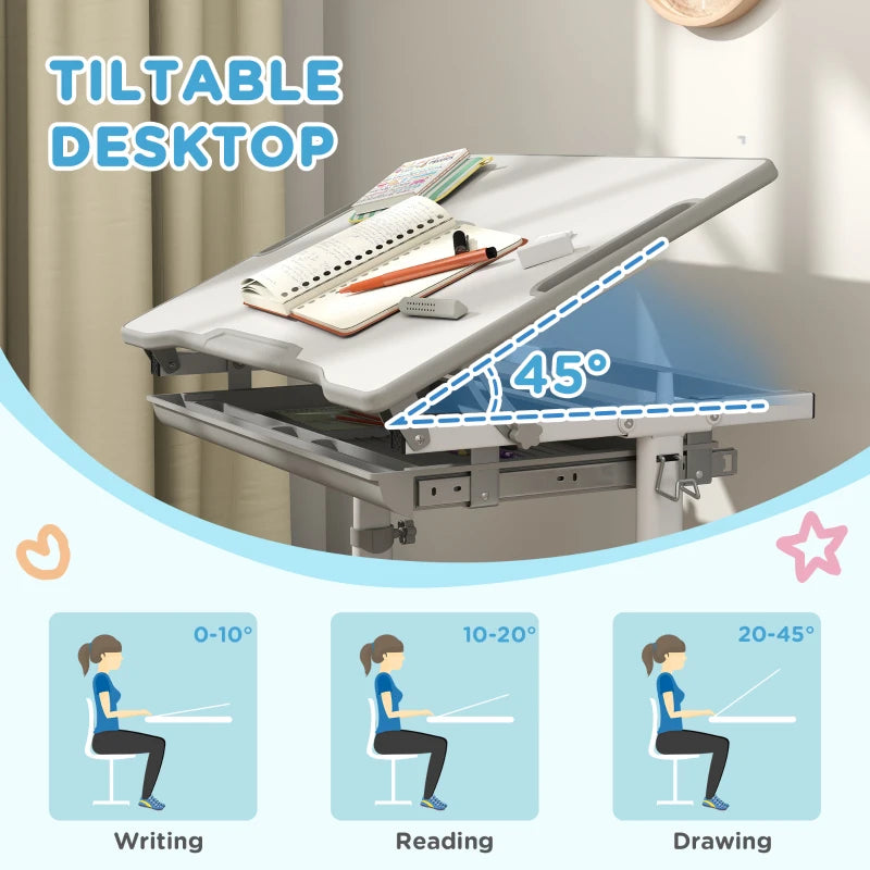 Qaba Height Adjustable Study Table and Chair Set with Drawer, Pen Slot, Tiltable Desktop, Hook, Grey
