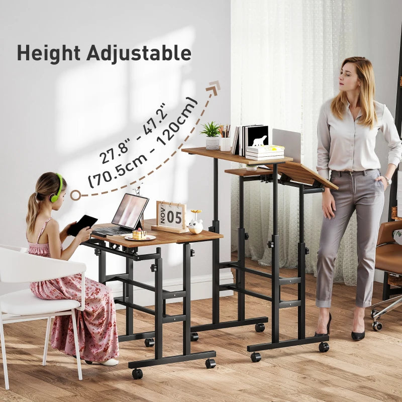 Mobile Stand Up Desk, Height & Angle Adjustable Computer Desk with Wheels for Standing or Sitting, Laptop Desk, Brown
