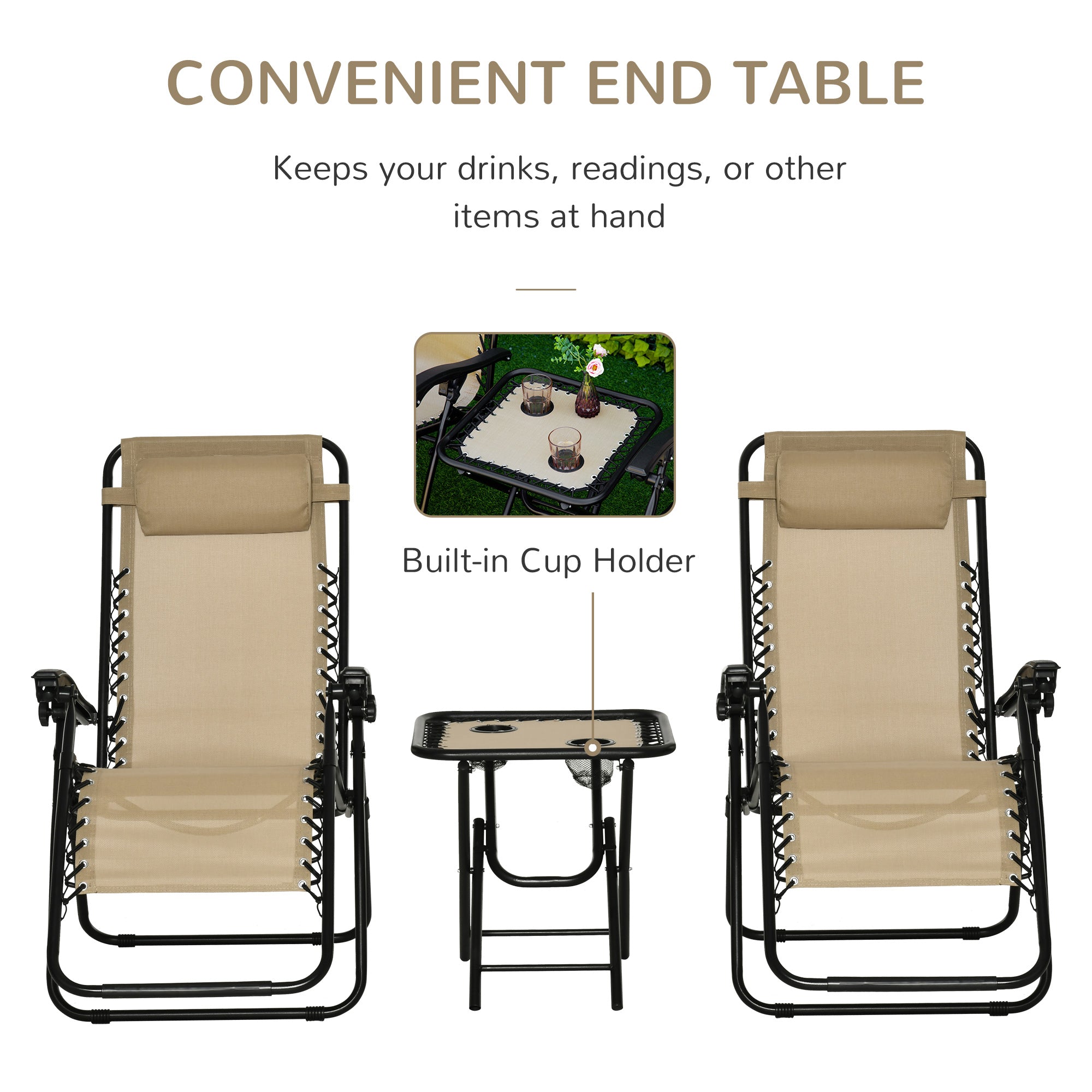 Outsunny Zero Gravity Chair Set of 2 Patio Chair with Side Table Cupholders and Pillows for Pool, Backyard, Lawn, Beige 