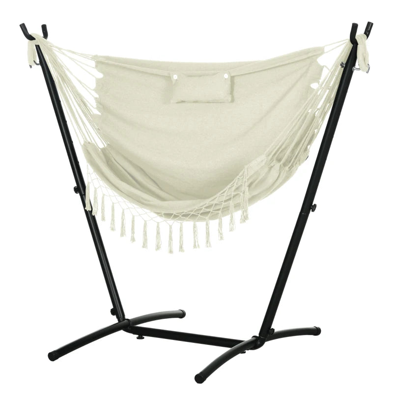 Patio Hammock Chair with Stand, Outdoor Hammock Swing Hanging Lounge Chair with Side Pocket and Headrest, Cream