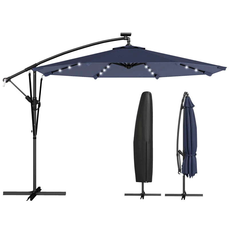 9.7ft Solar LED Cantilever Patio Umbrella with 32 LED Lights, Cross Base, Crank Handle, for Poolside, Deck, Dark Blue