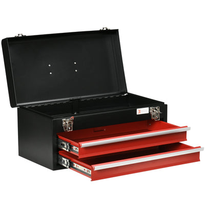 DURHAND Portable Toolbox Prowess: 18" Metal Tool Chest with 2 Drawers, Ball-bearing Sliders, Metal Latch Closure for Garage, Red Finish 