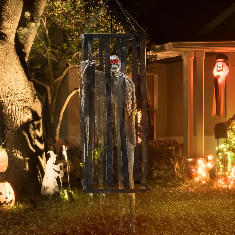 Outsunny Animatronic Hanging Skeleton Reaper in Cage – Voice-Activated Halloween Prop with Flashing Eyes 
