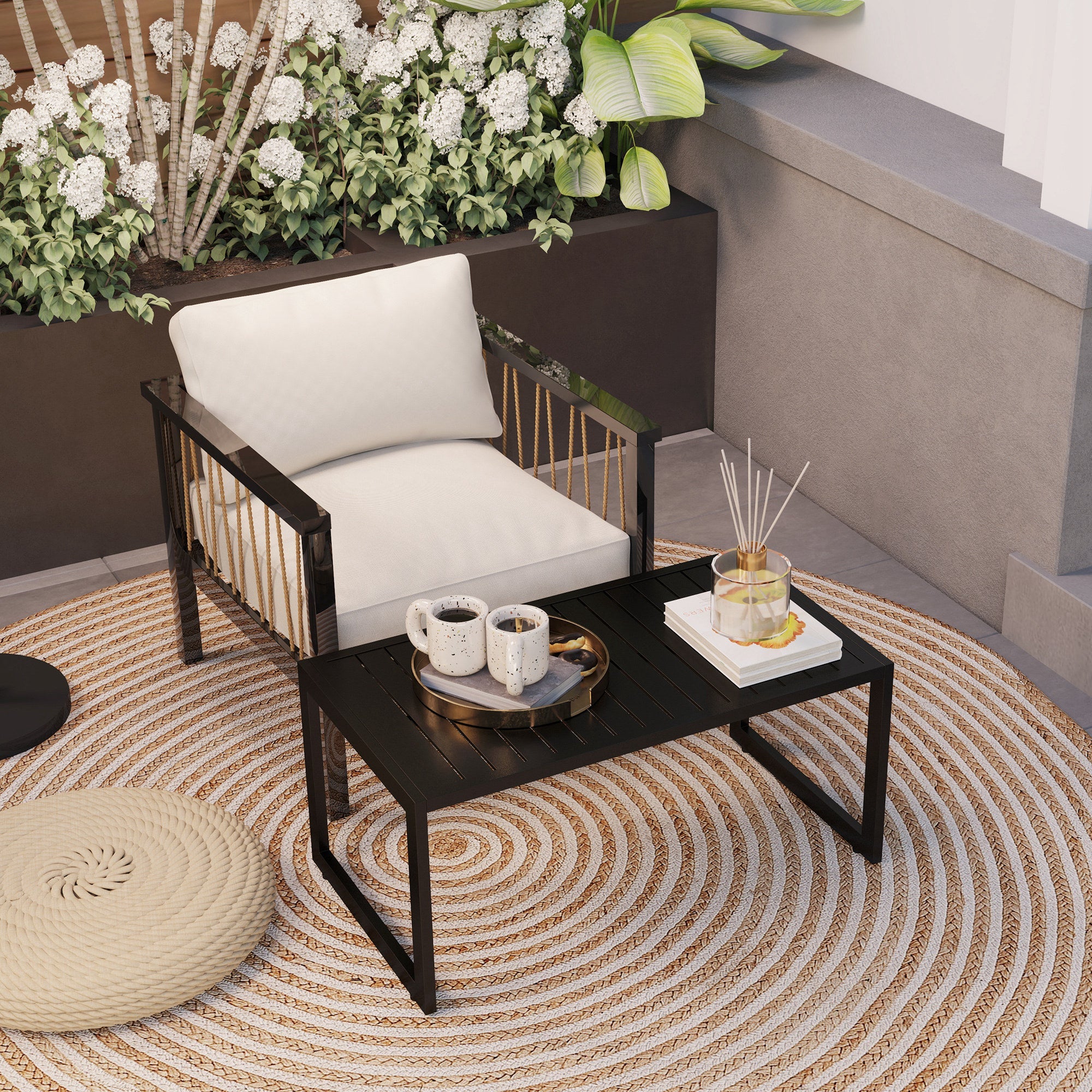 Outsunny Outdoor Coffee Table, Patio Coffee Table with Slatted Tabletop, Adjustable Foot Pads for Garden, Patio, Lawn, Black 