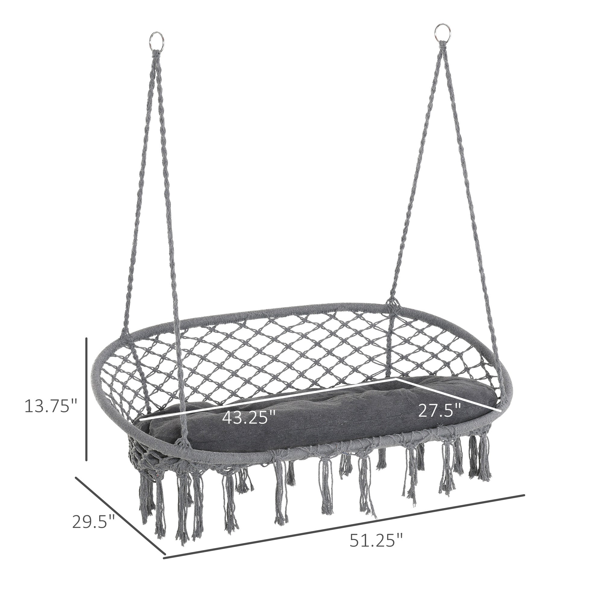 Outsunny Hammock Chair Hanging Rope Swing Metal Frame Cushion Large Macrame Seat Indoor Outdoor Dark Grey 