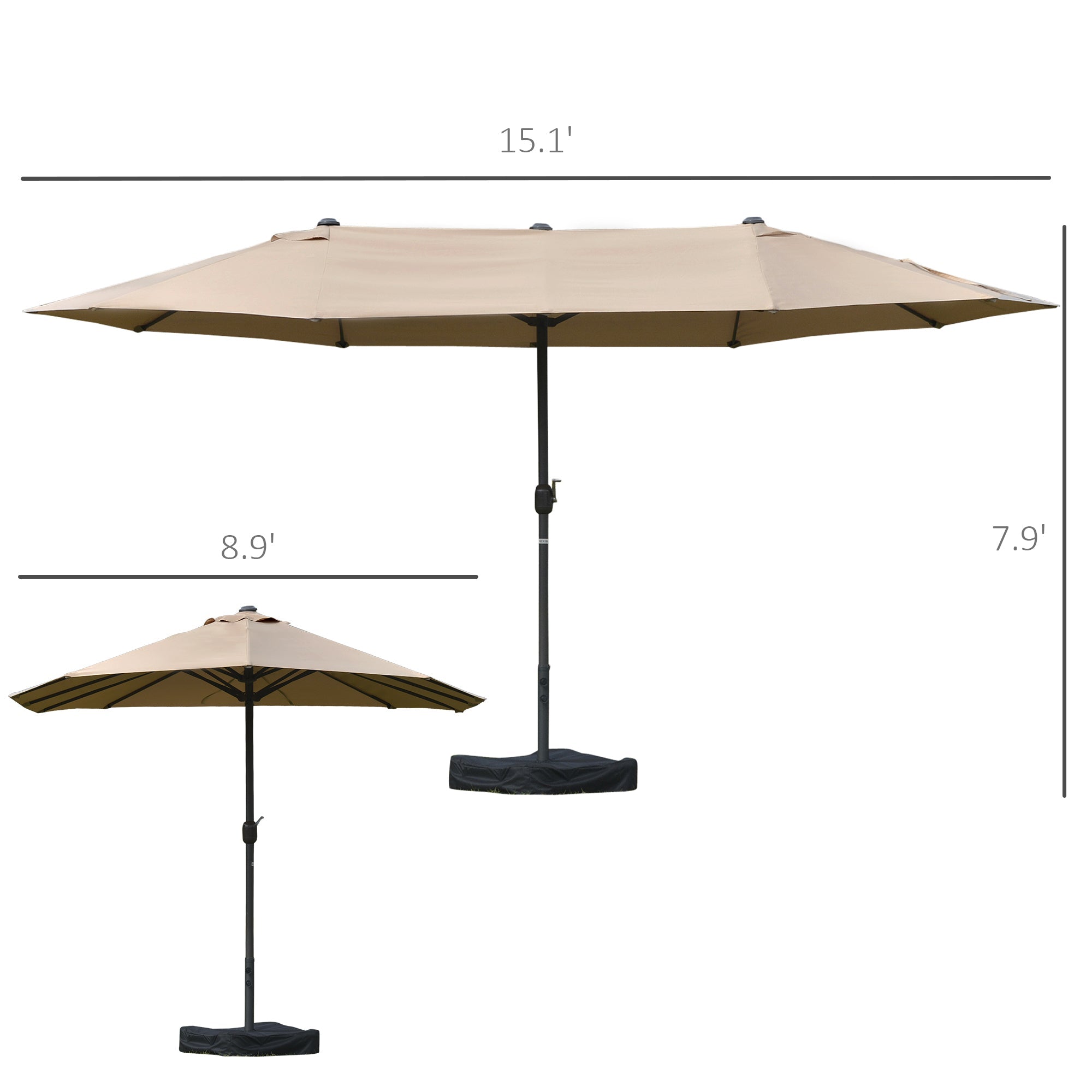 Outsunny 15' Outdoor Patio Umbrella with Twin Canopy Sunshade & Steel Table Umbrella with Lift Crank, Cross base, Sandbag, Khaki 
