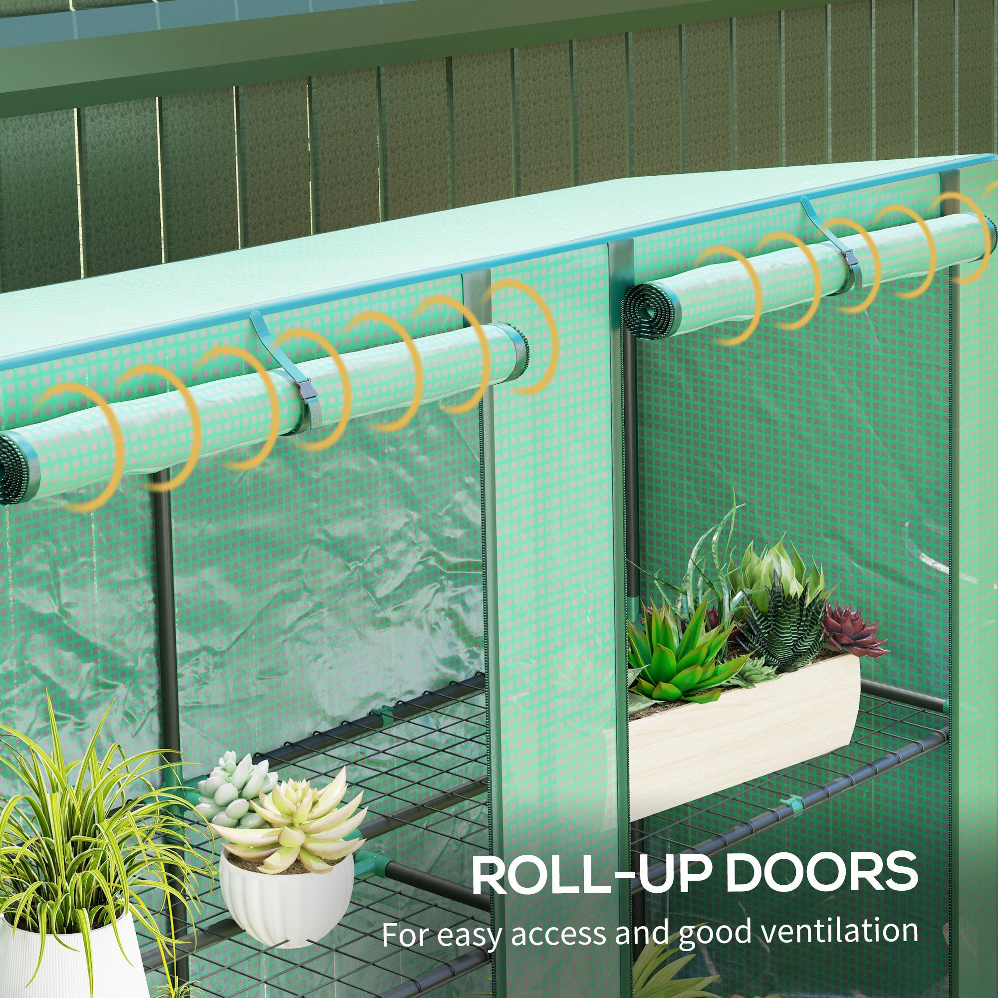 Outsunny Lean-to Greenhouse with 3 Tier Shelves, Mini Greenhouse with 2 Roll-Up Doors for Indoor Outdoor, Green 