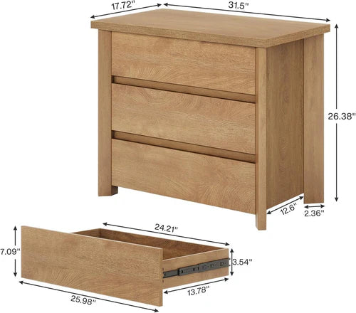 Nightstand 31.5" Farmhouse Bedside Table with 3 Storage Drawers, Engineered Wood, Rustic Brown