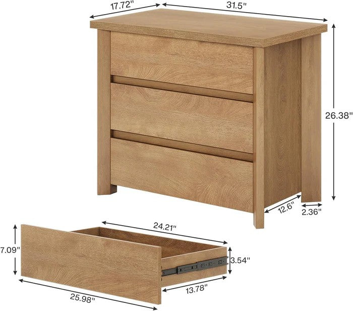 Rustic Farmhouse Bedside Table with 3 Drawers – Brown Wood Finish