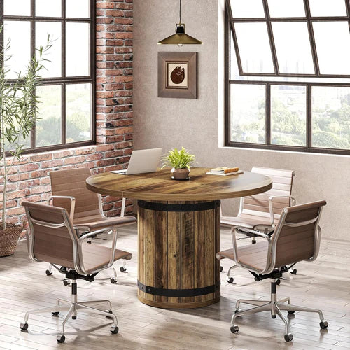39.37" Round Conference Table Farmhouse Meeting Room Table for 4 with Pedestal Base MDF Wooden Office Dining Table Rustic Brown