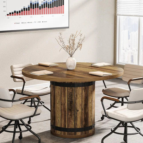 39.37" Round Conference Table Farmhouse Meeting Room Table for 4 with Pedestal Base MDF Wooden Office Dining Table Rustic Brown