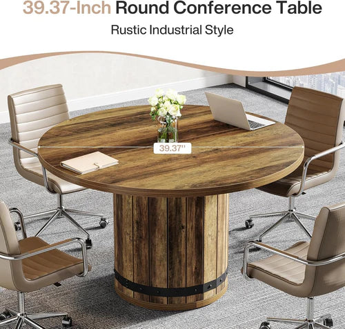 39.37" Round Conference Table Farmhouse Meeting Room Table for 4 with Pedestal Base MDF Wooden Office Dining Table Rustic Brown