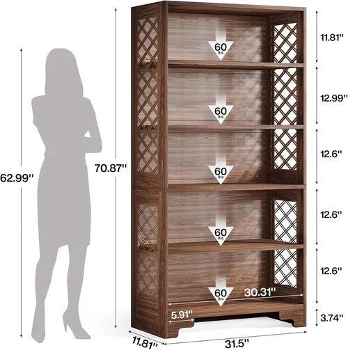 Bookshelf 70.8" Freestanding 6-Tier Bookcase Display Rack with Storage Shelves and X-Shaped Design Brown