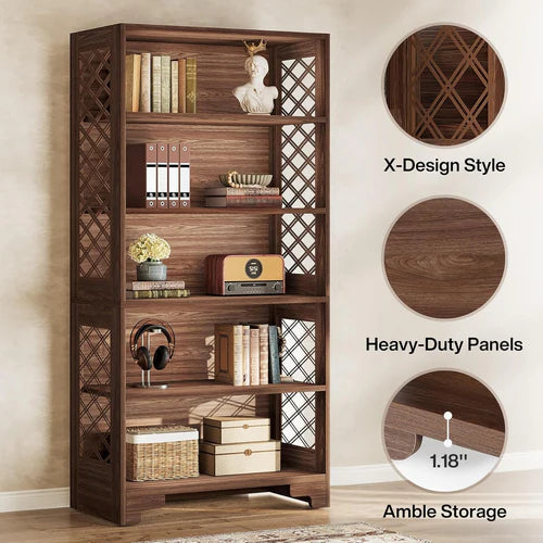 Bookshelf 70.8" Freestanding 6-Tier Bookcase Display Rack with Storage Shelves and X-Shaped Design Brown